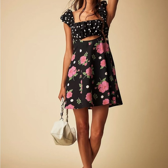 Free People Bom Bom Mini Dress | Black Floral Polka Dot Cutout Back | Size Small - Picture 2 of 13